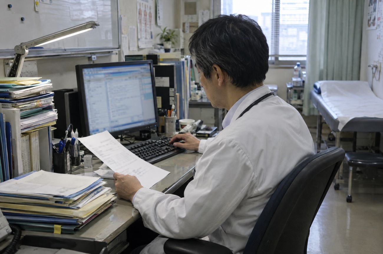 診察室で紹介状を確認しながら電子カルテに入力する医師